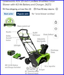 40V 20-Inch Cordless Brushless Snow Blower with 4.0 Ah Battery and Charger, 2627 40V 20-Inch Cordless Brushless Snow Blower with 4.0 Ah Battery and Charger, 2627