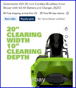 40V 20-Inch Cordless Brushless Snow Blower with 4.0 Ah Battery and Charger, 2627 40V 20-Inch Cordless Brushless Snow Blower with 4.0 Ah Battery and Charger, 2627