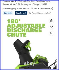 40V 20-Inch Cordless Brushless Snow Blower with 4.0 Ah Battery and Charger, 2627 40V 20-Inch Cordless Brushless Snow Blower with 4.0 Ah Battery and Charger, 2627