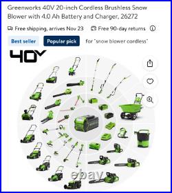 40V 20-Inch Cordless Brushless Snow Blower with 4.0 Ah Battery and Charger, 2627 40V 20-Inch Cordless Brushless Snow Blower with 4.0 Ah Battery and Charger, 2627