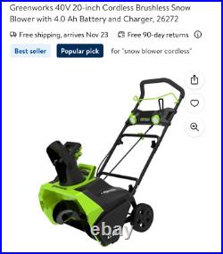 40V 20-Inch Cordless Brushless Snow Blower with 4.0 Ah Battery and Charger, 2627 40V 20-Inch Cordless Brushless Snow Blower with 4.0 Ah Battery and Charger, 2627