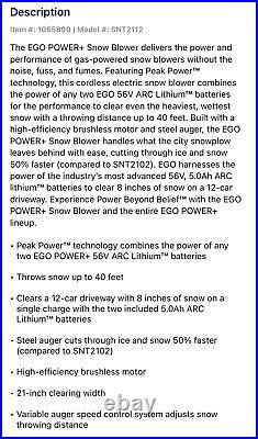 EGO POWER+ 56-volt 21-in Single-stage Cordless Electric Snow Blower LOCAL PICKUP