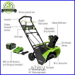 Greenworks 40V 20 Cordless Brushless Snow Blower+(1) 4.0 Ah Battery and Charger Greenworks 40V 20 Cordless Brushless Snow Blower+(1) 4.0 Ah Battery and Charger