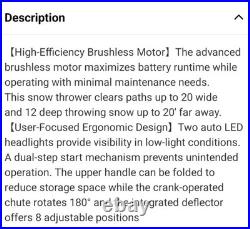 Litheli Battery Single Stage Snow Blower 20 LED Headlights Adjustable Chute