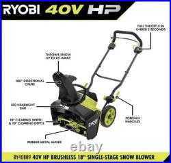 RYOBI 40V HP Brushless 18 in. Single-Stage Snow Blower RY40809VNM (Tool Only)