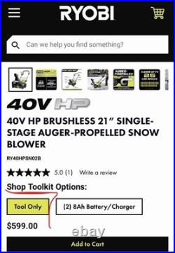 Ryobi 40V 21 Single-Stage Auger-Propelled Snow Blower (Tool Only)