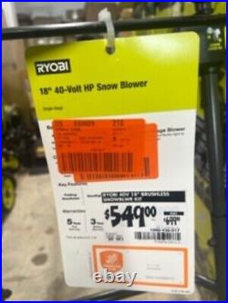 Ryobi 40V HP Brushless 18 in. Single-Stage Cordless Electric Snow Blower RY40809 Ryobi 40V HP Brushless 18 in. Single-Stage Cordless Electric Snow Blower RY40809